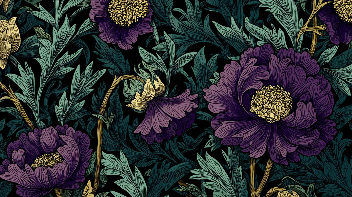 Vintage Floral Mural Wallpaper in Plum and Teal — Moody Botanical Mural Wallpaper - room preview 04