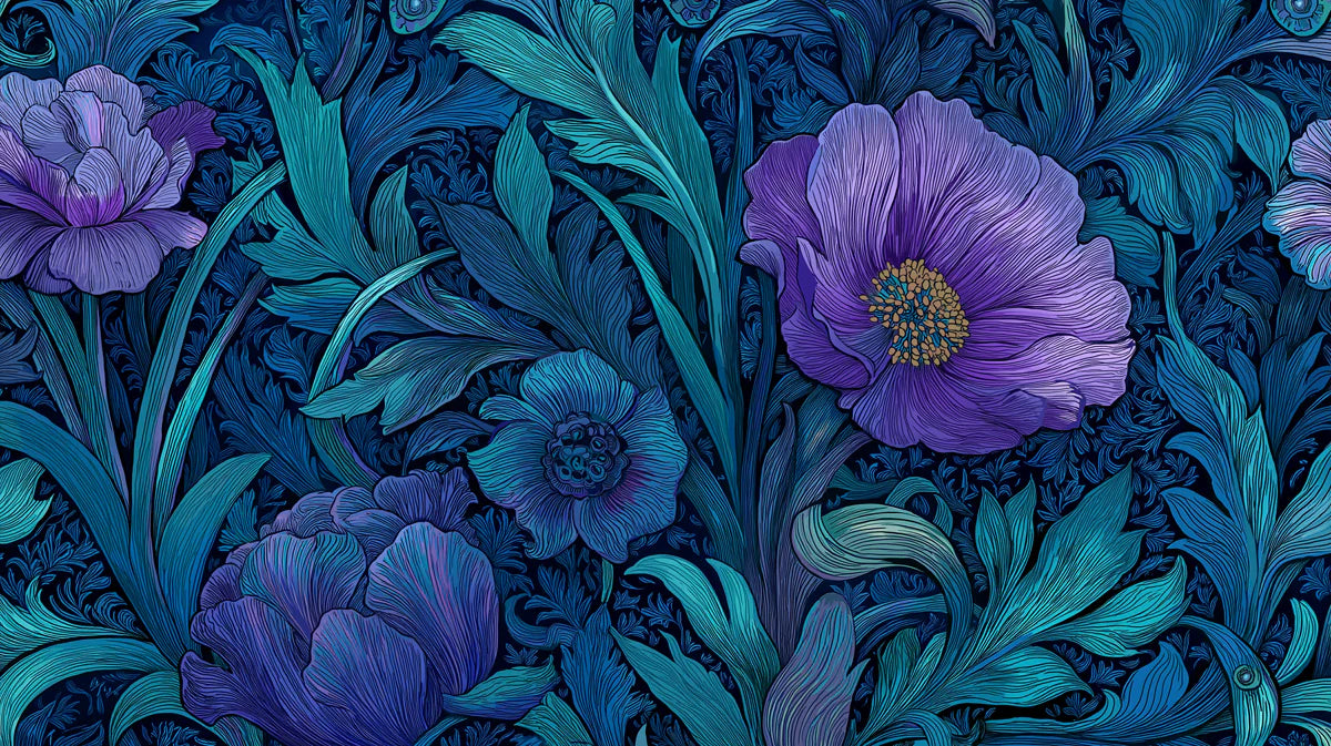Art Nouveau Floral Mural Wallpaper — Deep Indigo and Violet Garden Mural Wallpaper - room preview 04