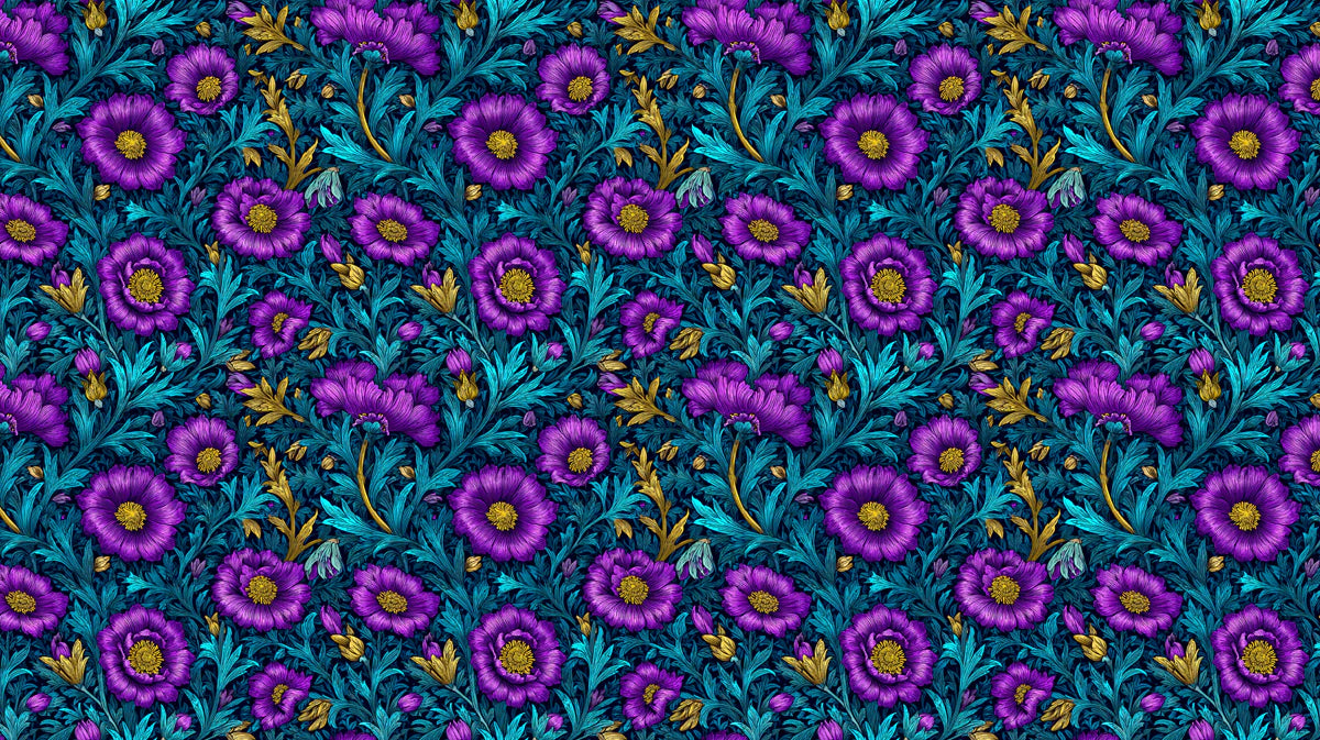Vivid Purple and Teal Floral Mural Wallpaper — Artistic Botanical Mural Wallpaper - room preview 04
