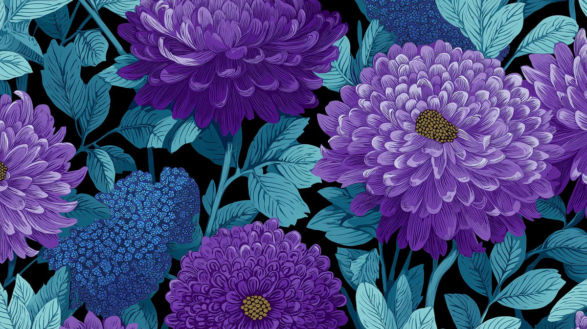 Dramatic Chrysanthemum Floral Mural Wallpaper in Purple and Teal Mural Wallpaper - room preview 04