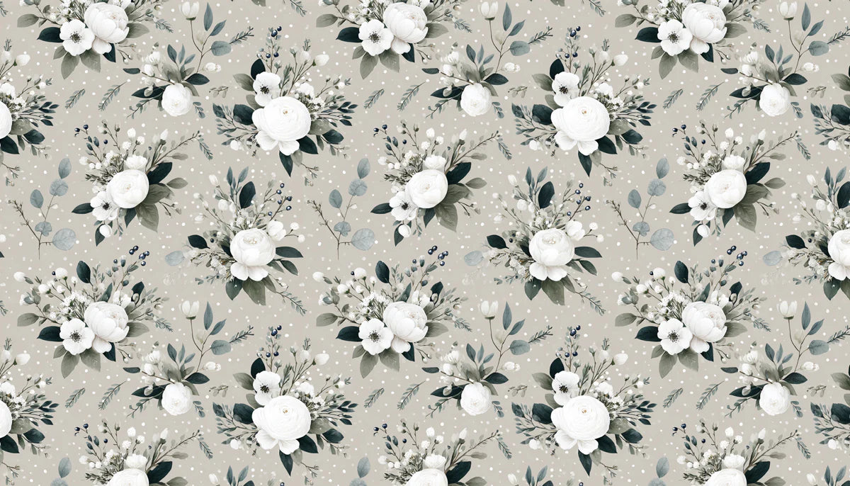 White Floral Bouquet Mural Wallpaper on Soft Beige Background Mural Wallpaper - room preview 04
