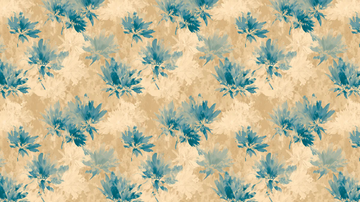 Abstract Floral Bloom Mural Wallpaper — Indigo and Sand Mural Wallpaper - room preview 04