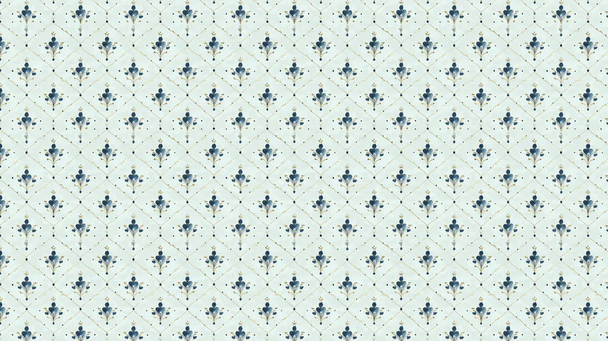Modern Damask Mural Wallpaper — Soft Blue and Gold Lattice Mural Wallpaper - room preview 04