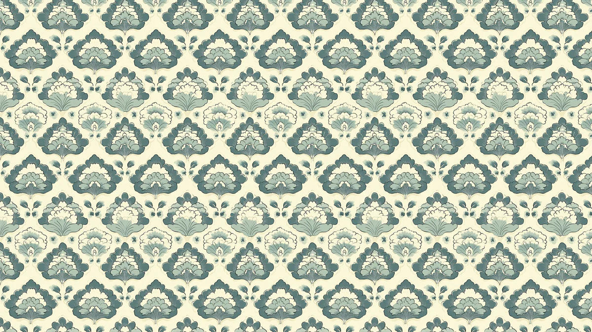 Vintage Damask Mural Wallpaper — Blue and Cream Floral Print Mural Wallpaper - room preview 04