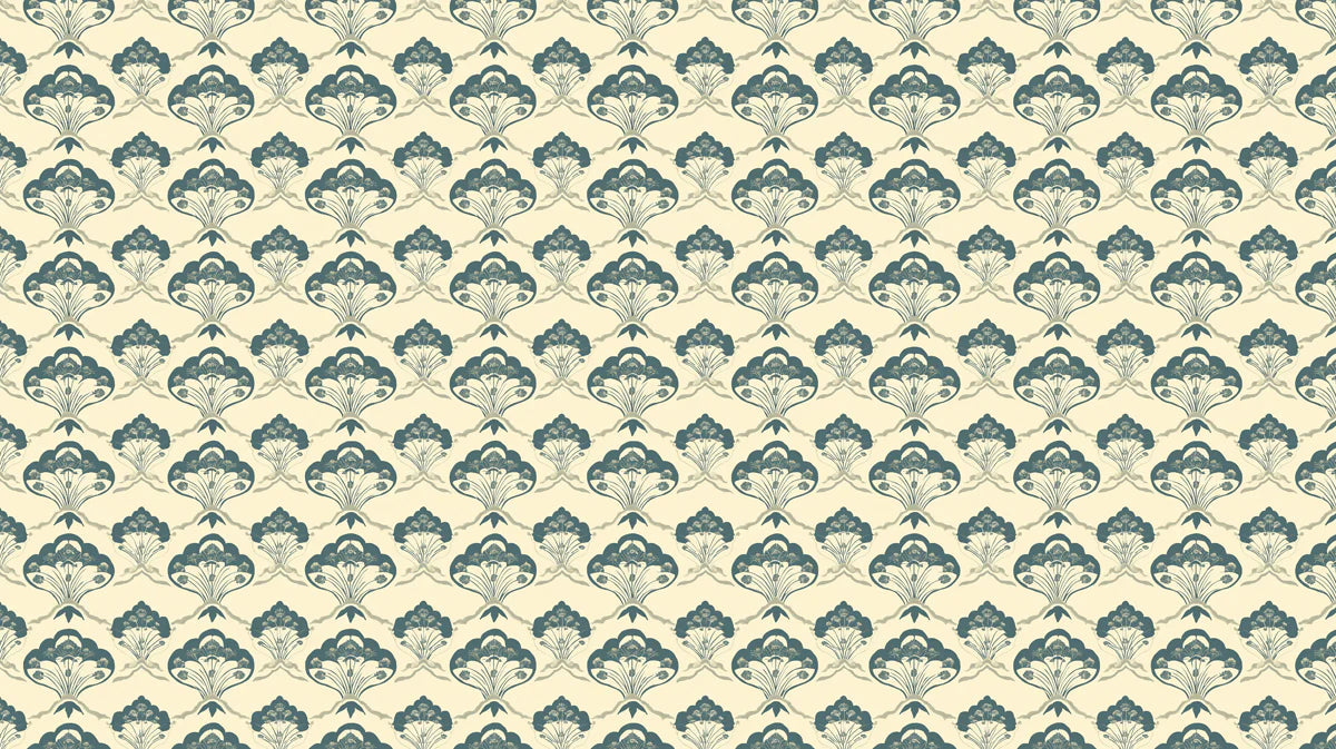 Art Nouveau Fan Floral Mural Wallpaper — Cream and Slate Blue Mural Wallpaper - room preview 04