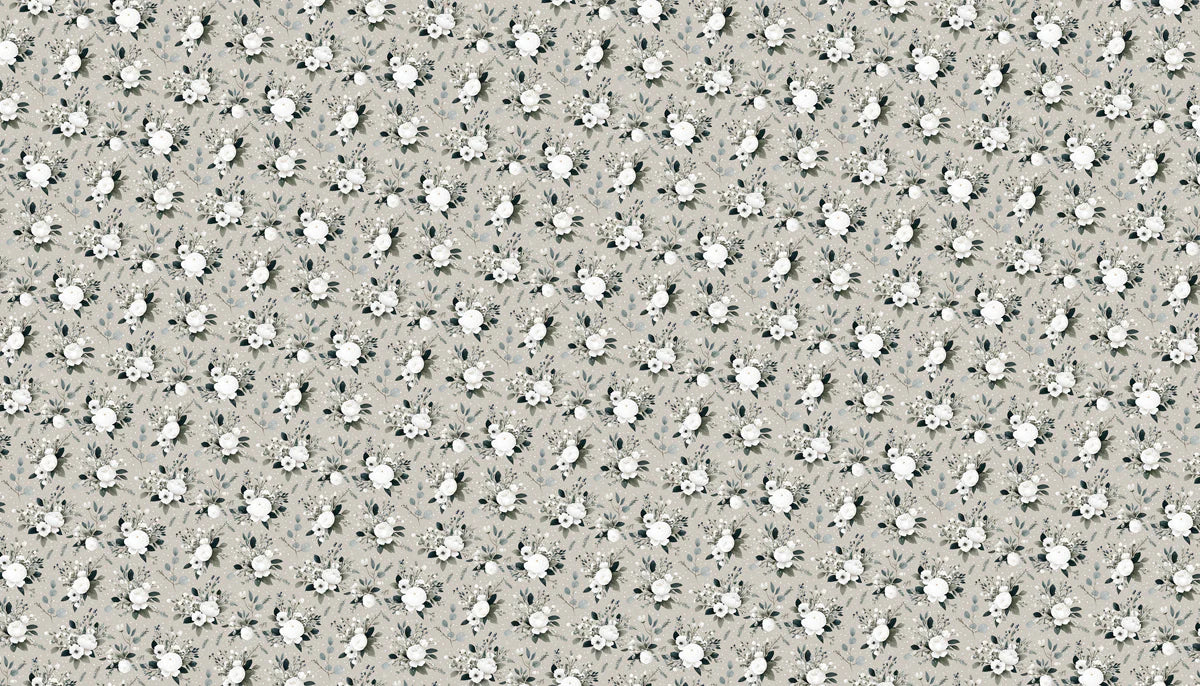 Dainty White Floral Mural Wallpaper — Soft Gray Botanical Pattern Mural Wallpaper - room preview 04