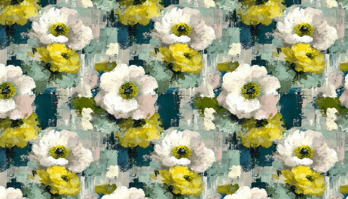 Abstract Floral Mural Wallpaper in Ochre and Teal Brushstrokes Mural Wallpaper - room preview 04