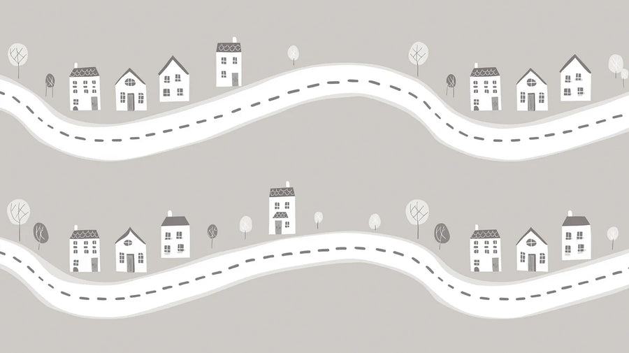 Papier peint mural village en bord de route — Papier peint mural Scandi minimaliste Line Art printable artwork