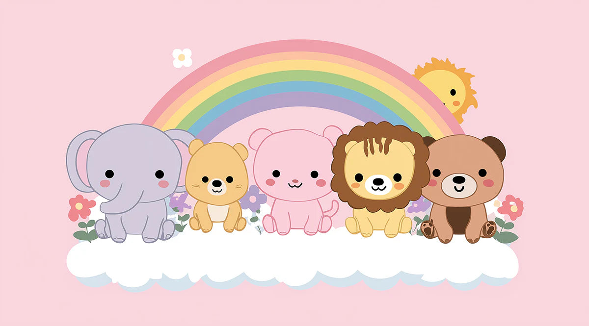 Kawaii Animal Rainbow Mural Wallpaper — Whimsical Playful Design Mural Wallpaper - room preview 04