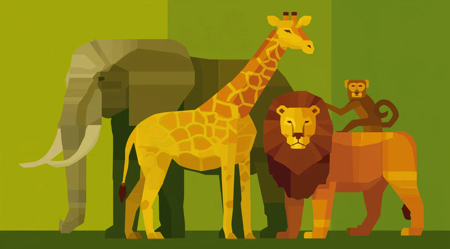 Baby Animals Wallpaper Mural – Cute Animals Wall Mural – Geometric Safari Animal Group Mural Flat Art, Layered Background, Warm Earth Tones printable artwork