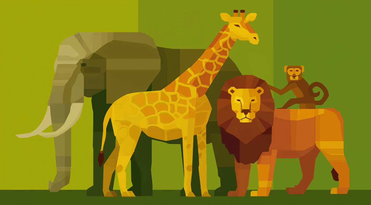 Geometric Safari Animal Group Mural Flat Art, Layered Background, Warm Earth Tones Mural Wallpaper - room preview 04