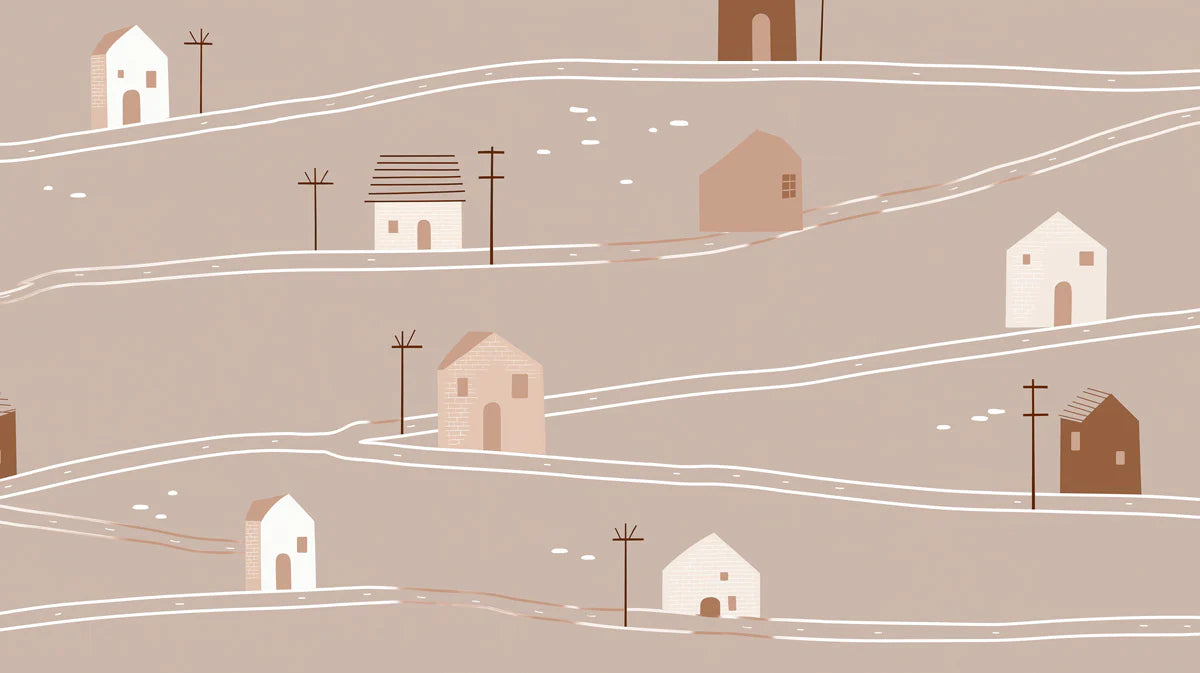 Minimalist Village Landscape Mural Wallpaper — Soft Earthy Tones Mural Wallpaper - room preview 04