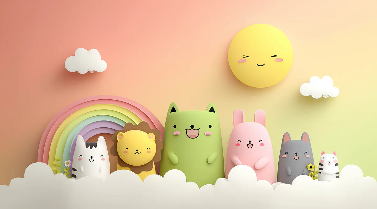 3D Animal Friends Mural Wallpaper — Pastel Rainbow & Sunset Sky Mural Wallpaper - room preview 04