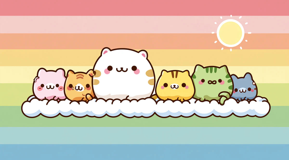 Kawaii Cat Rainbow Cloud Mural Wallpaper — Whimsical Pastel Design Mural Wallpaper - room preview 04