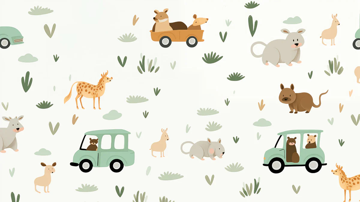 Safari Road Trip Mural Wallpaper — Whimsical Animal Pattern Mural Wallpaper - room preview 04