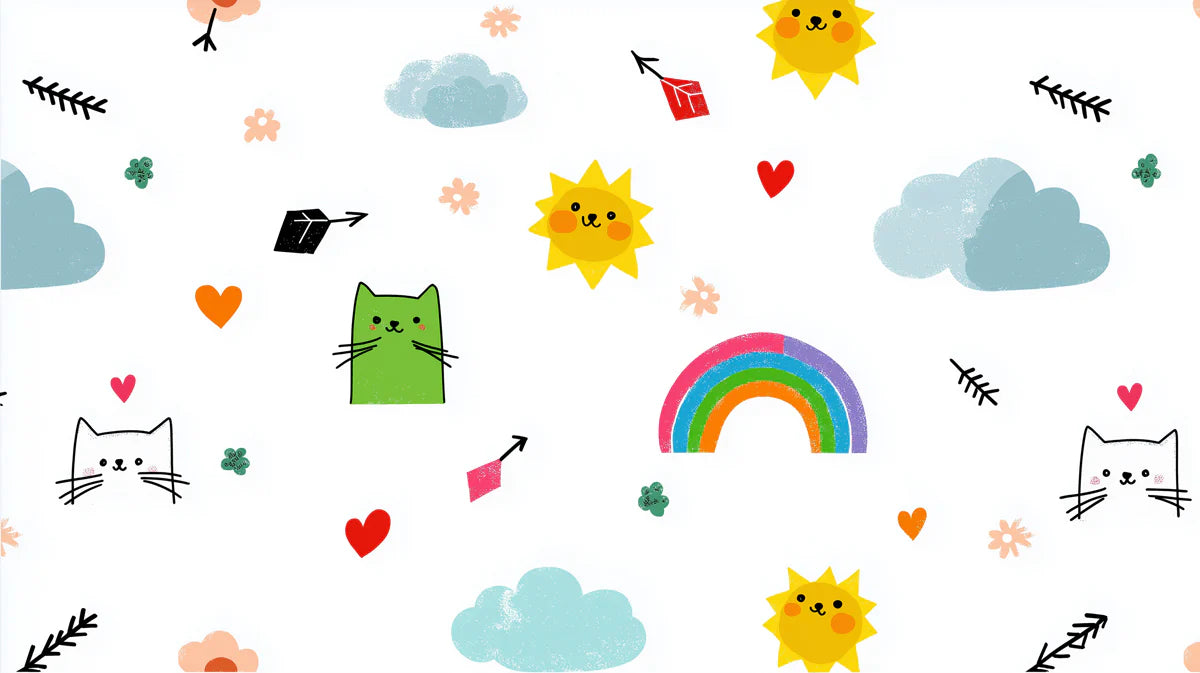 Kawaii Cat and Rainbow Mural Wallpaper — Playful Doodle Pattern Mural Wallpaper - room preview 04
