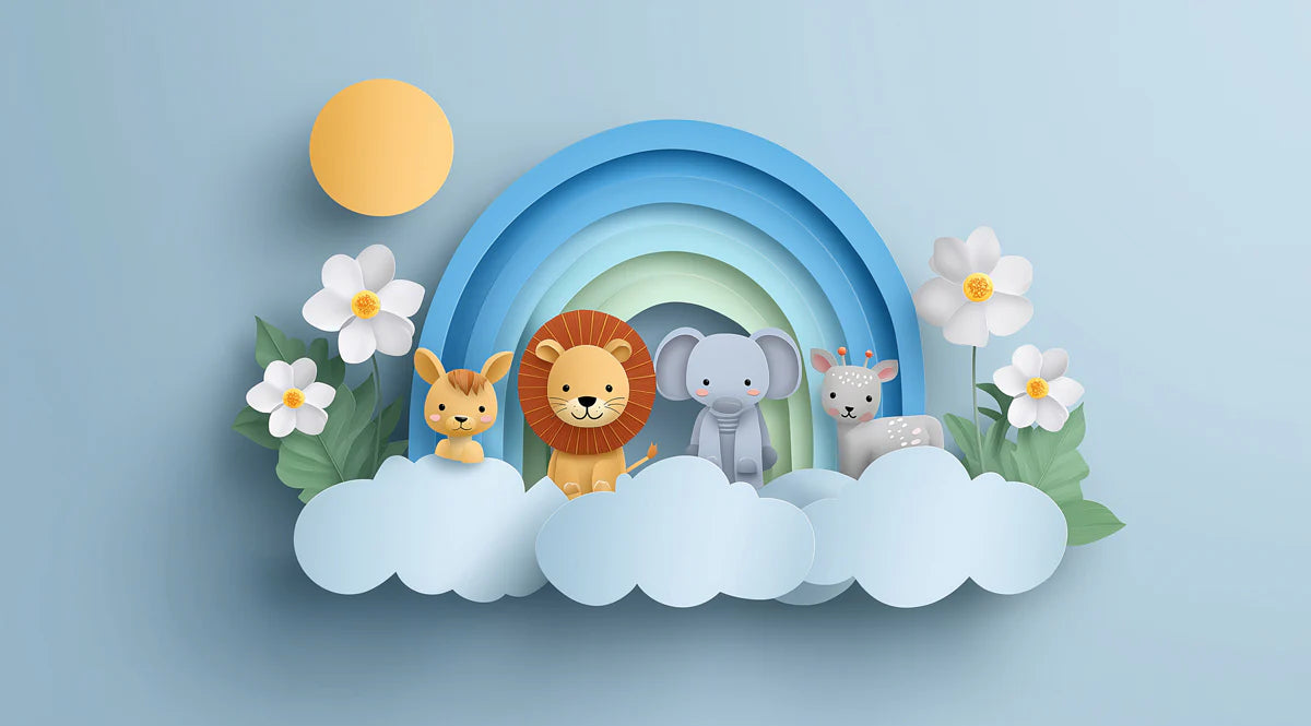 3D Safari Cloud Mural Wallpaper — Whimsical Paper Art Design Mural Wallpaper - room preview 04