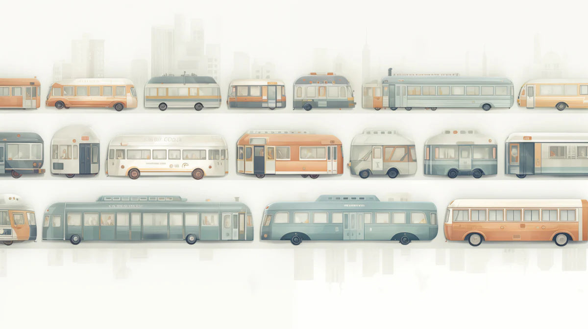 Vintage Bus Fleet Mural Wallpaper — Retro City Transit Design Mural Wallpaper - room preview 04