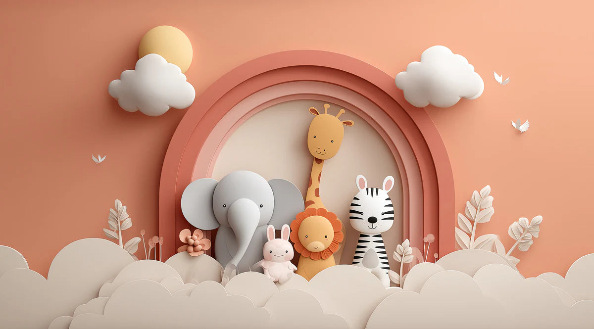 Safari Friends Rainbow Mural Wallpaper — Soft Paper-Cut Aesthetic Mural Wallpaper - room preview 04