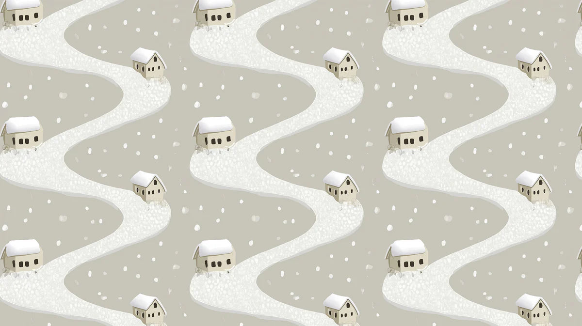 Snowy Village Road Mural Wallpaper — Minimalist Winter Scene Mural Wallpaper - room preview 04