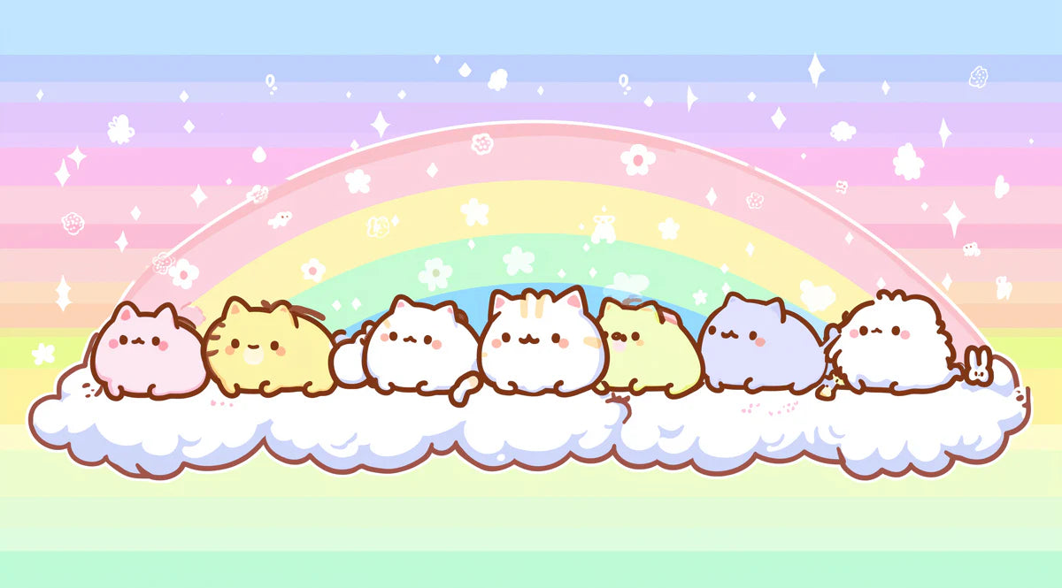 Chubby Cat Cloud Mural Wallpaper — Whimsical Pastel Rainbow Mural Wallpaper - room preview 04