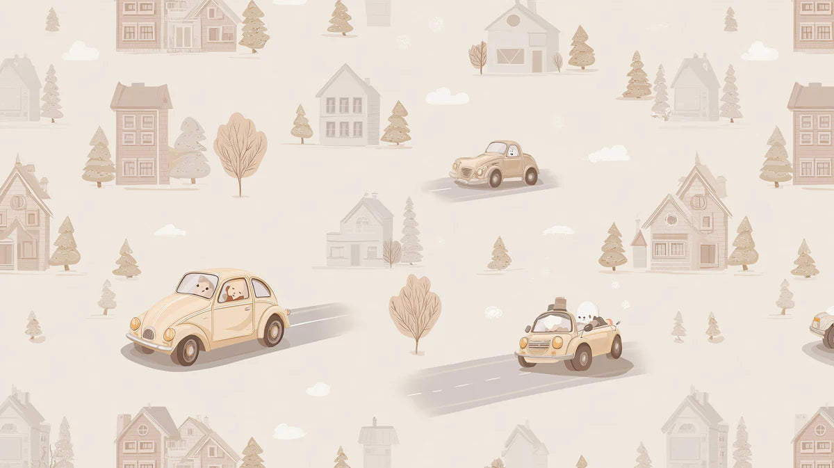 Vintage Village Road Trip Mural Wallpaper — Soft Neutral Design Mural Wallpaper - room preview 04