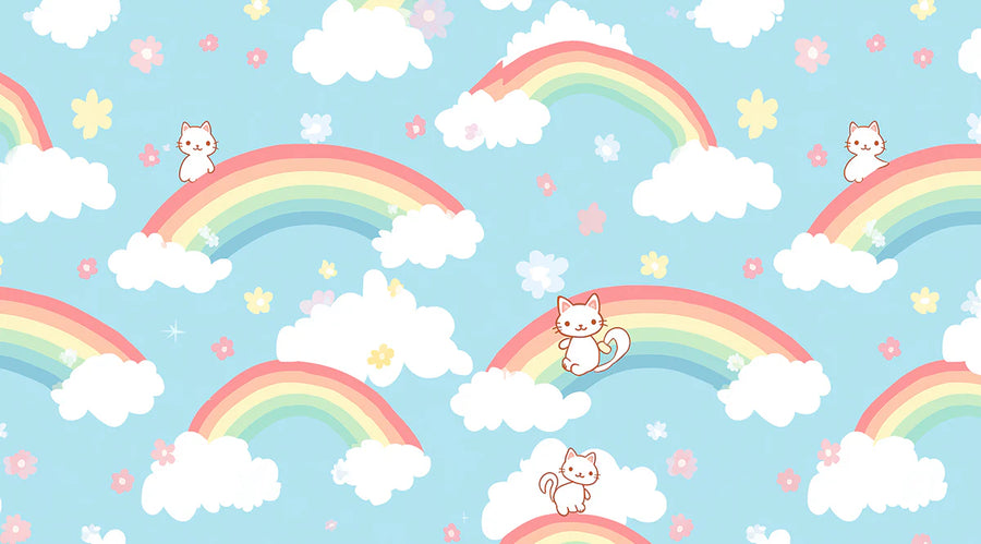 Kawaii-Kätzchen- und Regenbogenwolken-Wandgemälde-Tapete — Wandgemälde-Tapete für verträumte Dekoration printable artwork