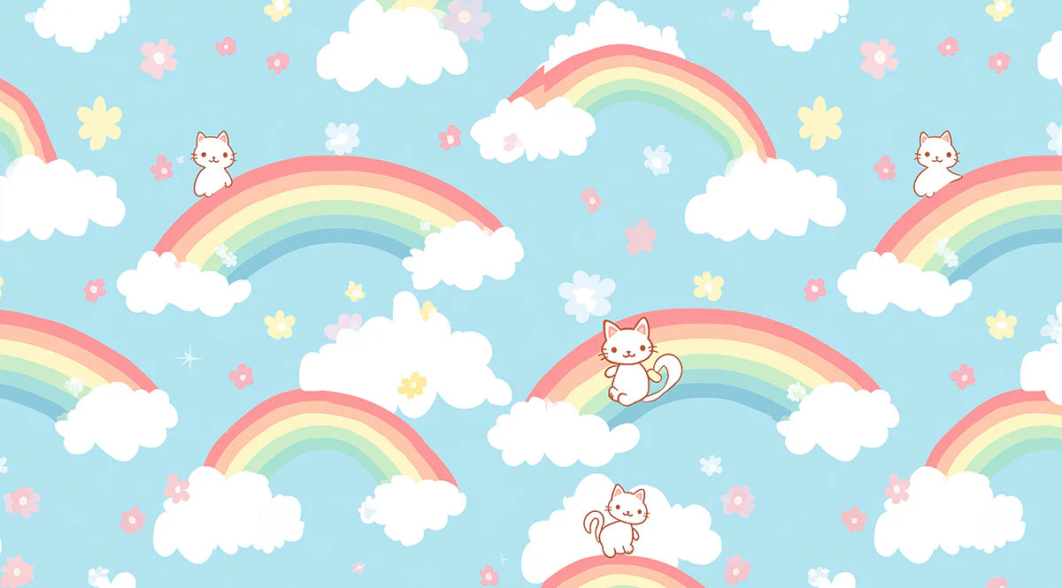 Kawaii Kitten and Rainbow Cloud Mural Wallpaper — Whimsical Decor Mural Wallpaper - room preview 04