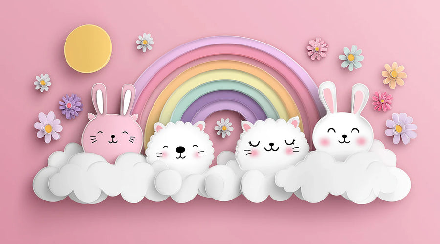 Papierschnitt-Tier-Regenbogen-Tapete – Verspielte, sanfte Ästhetik Tapete printable artwork