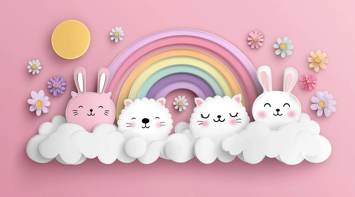 Paper-Cut Animal Rainbow Mural Wallpaper — Whimsical Soft Aesthetic Mural Wallpaper - room preview 04