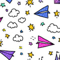 Doodle Castle and Airplane Mural Wallpaper — Whimsical Kids Pattern Mural Wallpaper - room preview 04