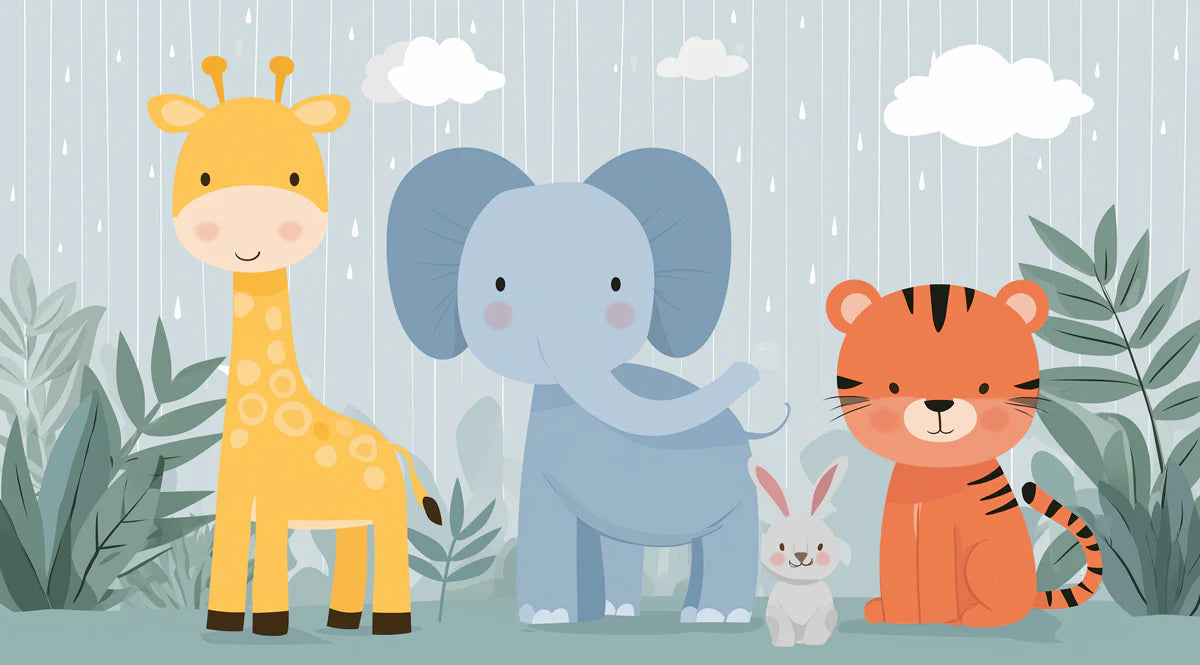 Safari Friends in the Rain Mural Wallpaper — Cute Cartoon Design Mural Wallpaper - room preview 04