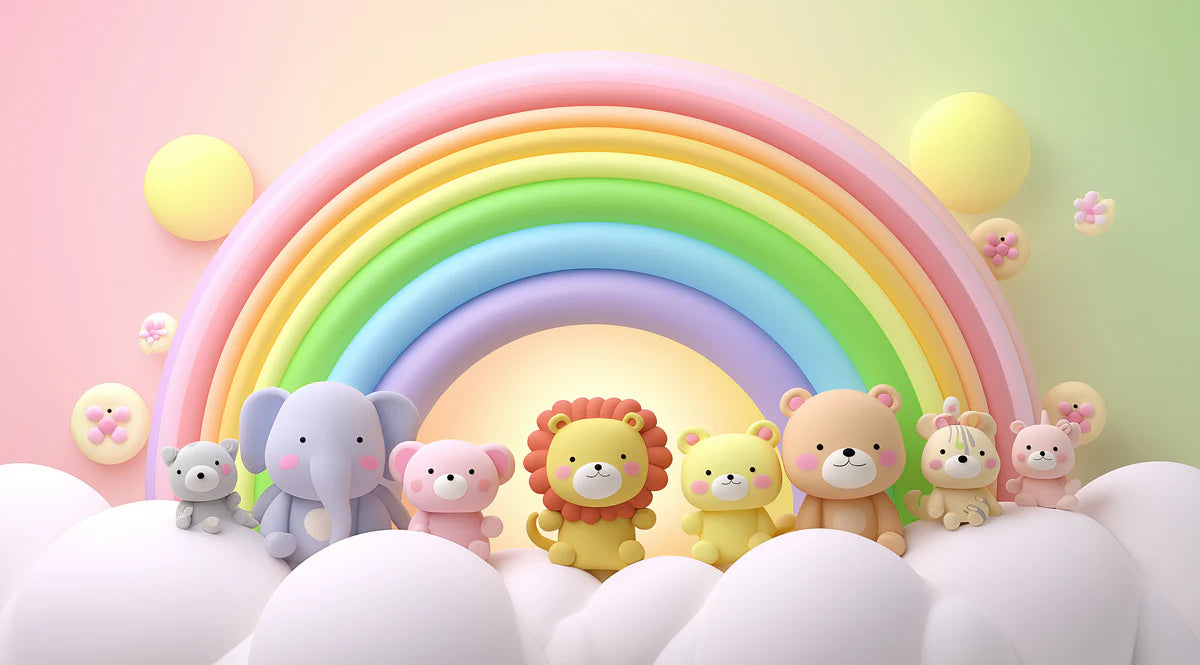 3D Plush Animal Rainbow Mural Wallpaper — Whimsical Kids Decor Mural Wallpaper - room preview 04