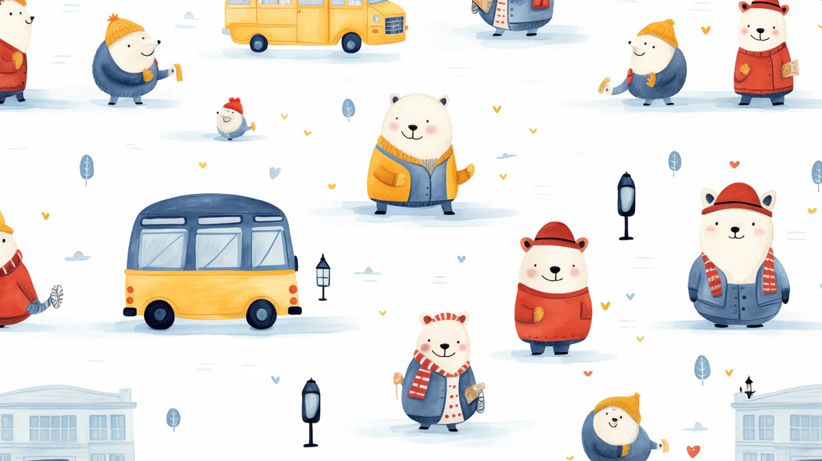 Winter Polar Bear Friends Mural Wallpaper — Whimsical Kids Scene Mural Wallpaper - room preview 04