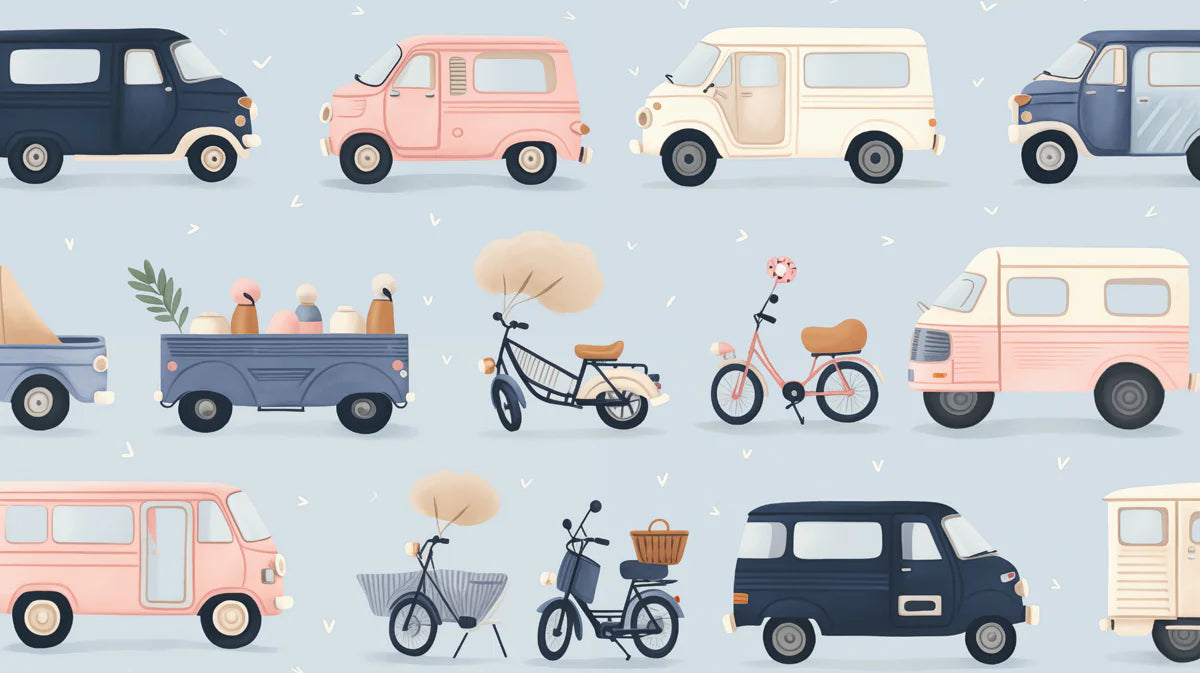 Vintage Transit Mural Wallpaper in Pastel Tones and Retro Style Mural Wallpaper - room preview 04