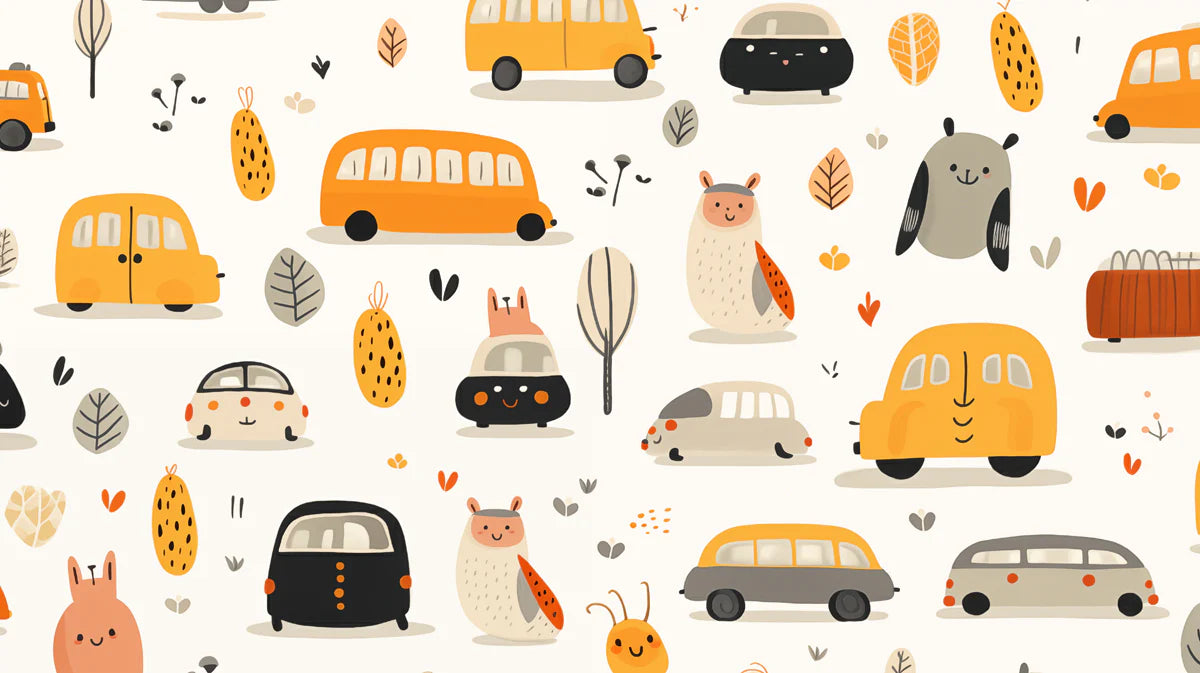 Kawaii Car and Owl Doodle Mural Wallpaper — Playful Autumn Motif Mural Wallpaper - room preview 04