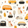 Kawaii Car and Owl Doodle Mural Wallpaper — Playful Autumn Motif Mural Wallpaper - room preview 04