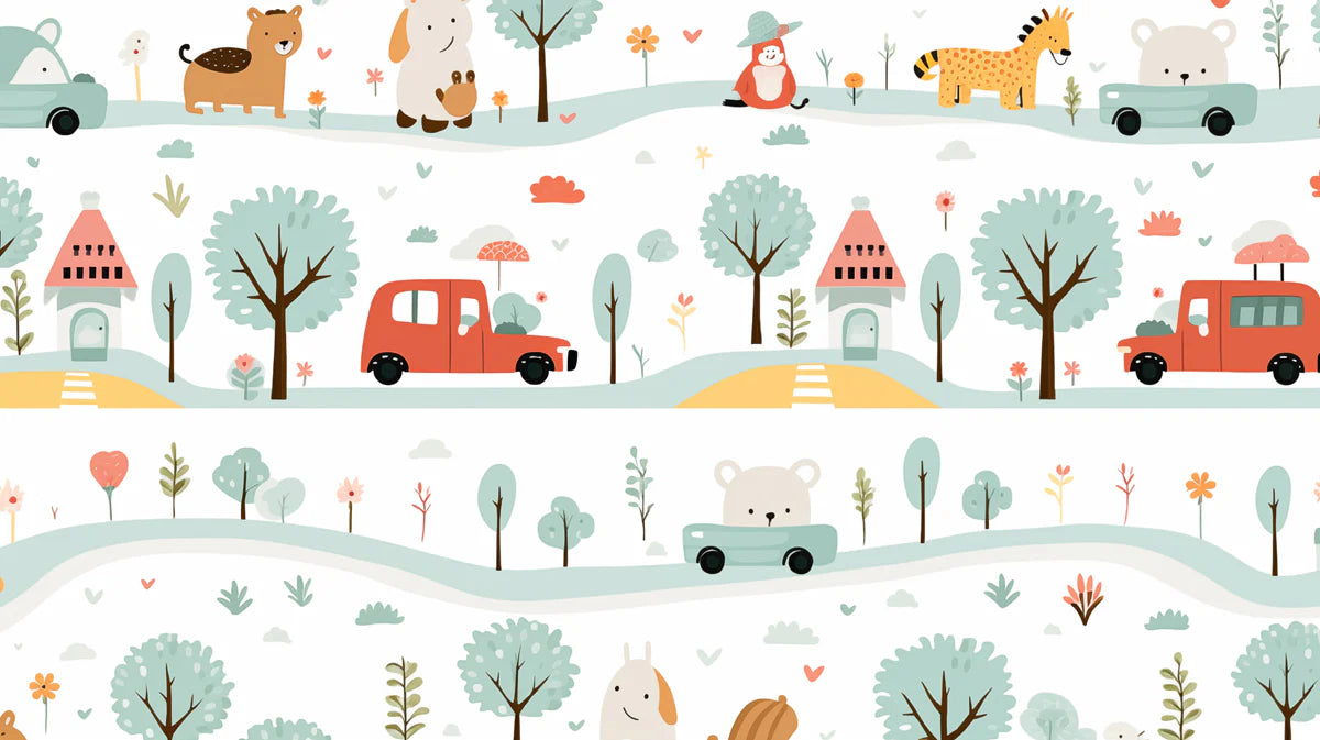 Folk Art Animal Village Mural Wallpaper — Whimsical Painted Scene Mural Wallpaper - room preview 04