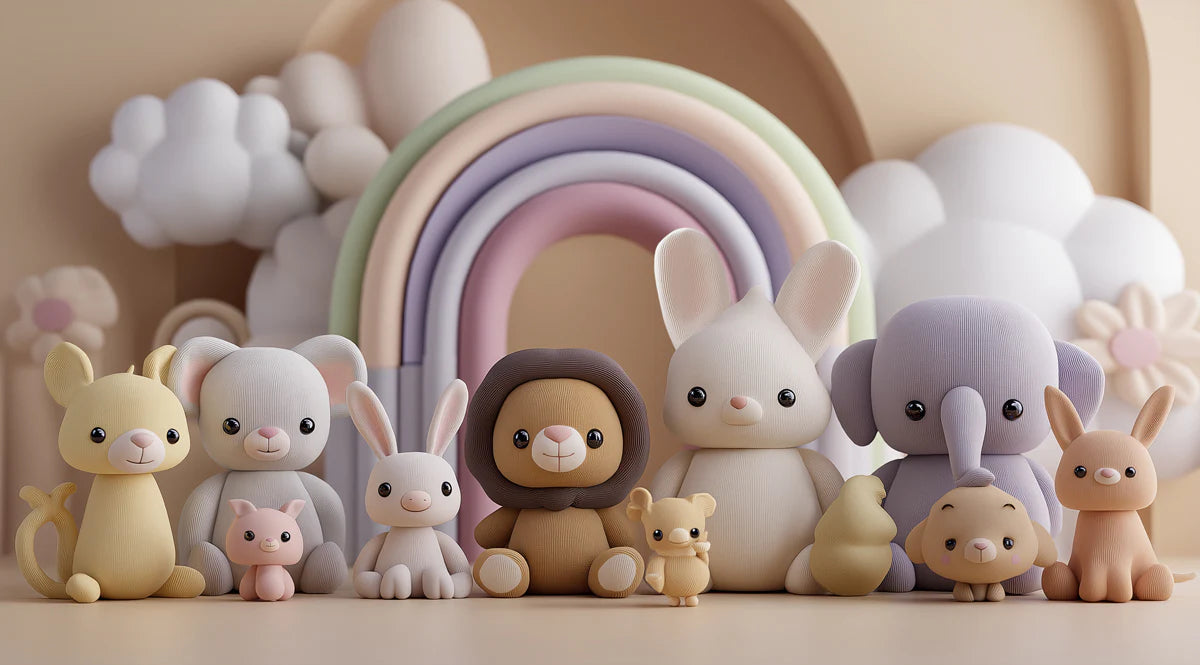 Knitted Plushie Animal Mural Wallpaper — Soft Pastel Rainbow Mural Wallpaper - room preview 04