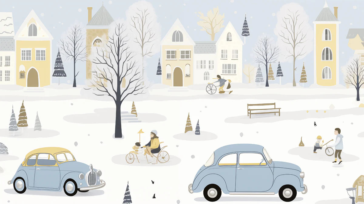 Vintage Winter Village Mural Wallpaper —Scandinavian Snow Scene Mural Wallpaper - room preview 04