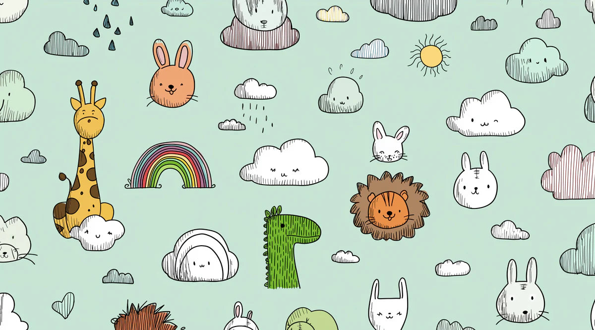 Safari Friends Doodle Mural Wallpaper —Playful Nursery Design Mural Wallpaper - room preview 04