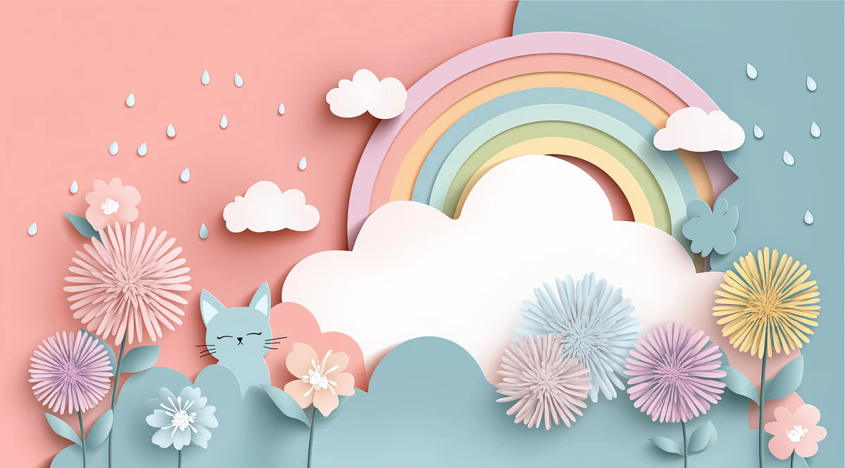 Paper-Cut Flower Rain Mural Wallpaper — Whimsical Pastel Scene Mural Wallpaper - room preview 04