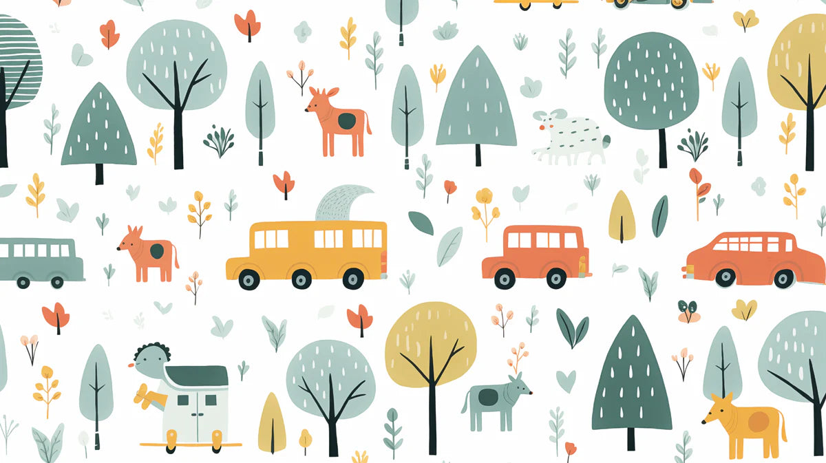 Safari Folk Art Mural Wallpaper — Whimsical Animals and Cars Mural Wallpaper - room preview 04