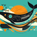 Abstract Whale & Sun Mural Wallpaper — Mid-Century Graphic Art Mural Wallpaper - room preview 04
