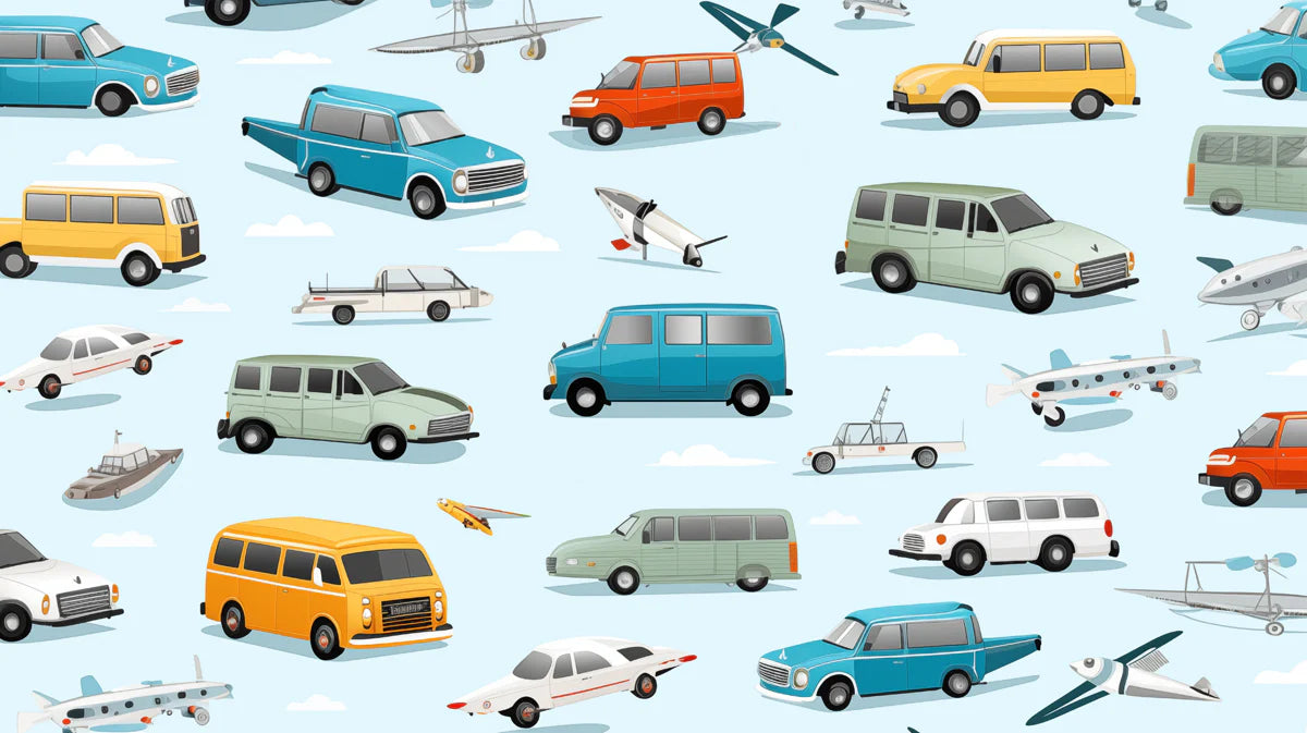 Retro Transportation Mural Wallpaper — Classic Vehicles in Sky Blue Mural Wallpaper - room preview 04