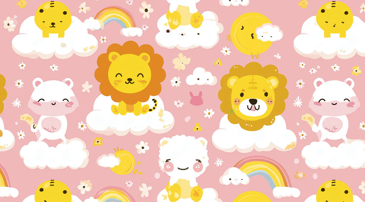 Safari Cloud Whimsical Mural Wallpaper — Pink and Yellow Kids Decor Mural Wallpaper - room preview 04