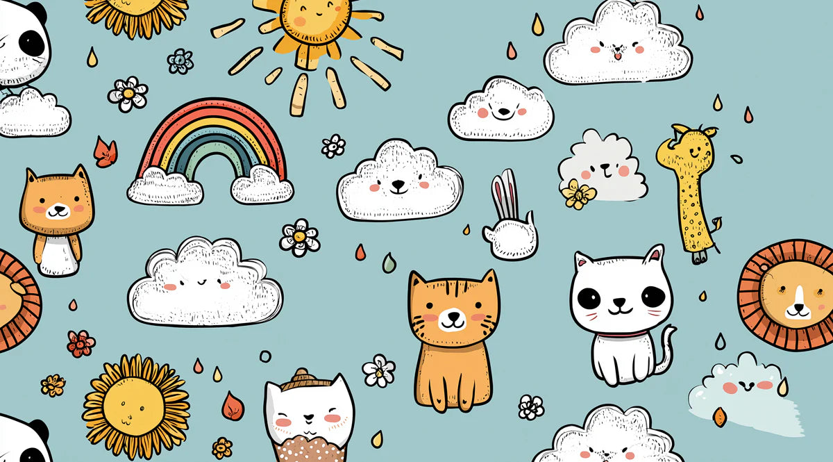 Doodle Animal Friends Mural Wallpaper — Whimsical Sky Blue Design Mural Wallpaper - room preview 04
