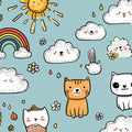 Doodle Animal Friends Mural Wallpaper — Whimsical Sky Blue Design Mural Wallpaper - room preview 04