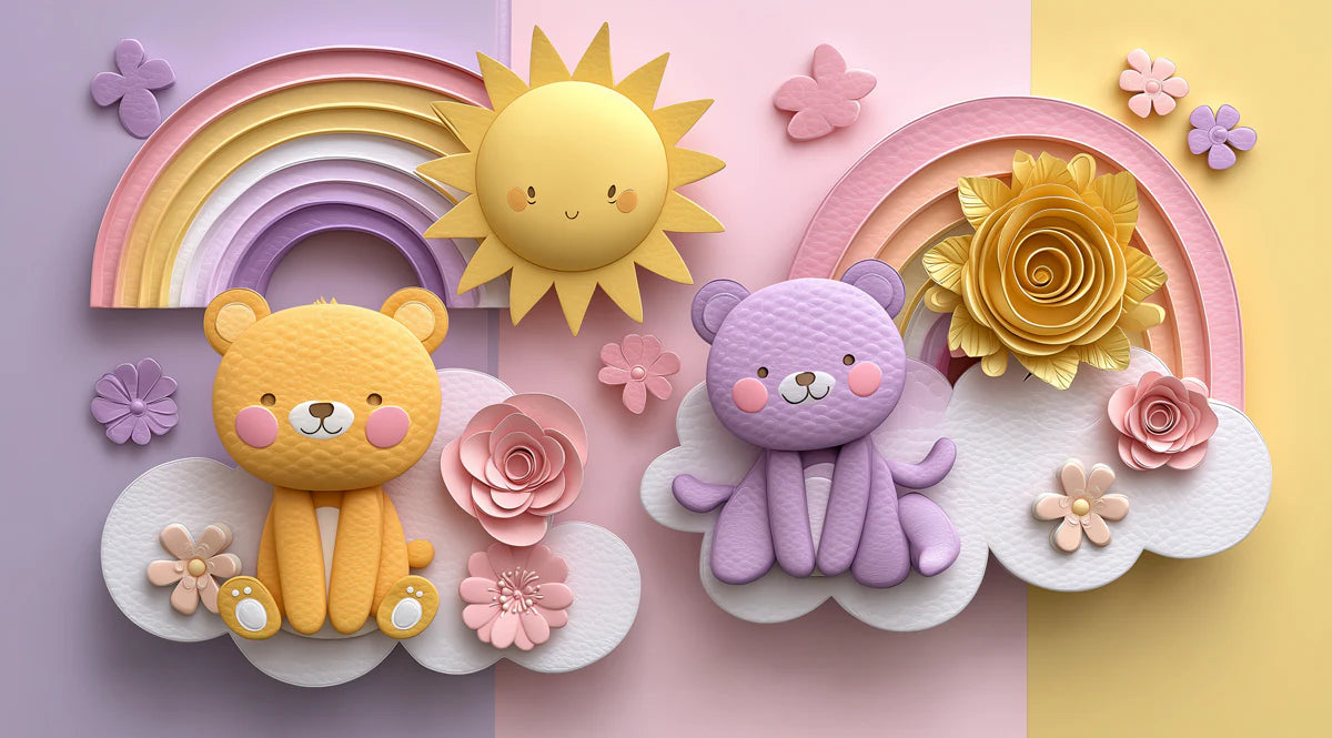 Teddy Bear and Rainbow Mural Wallpaper — Whimsical Pastel Art Mural Wallpaper - room preview 04