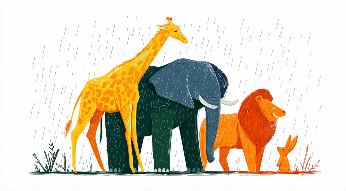Safari Friends Rain Mural Wallpaper — Artistic Animal Illustration Mural Wallpaper - room preview 04
